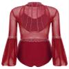 ACSUSS Womens Gymnastics Figure Skating Dance Leotard Mesh Flare Sleeve Bodysuit Sheer Dancewear Burgundy Large view 4