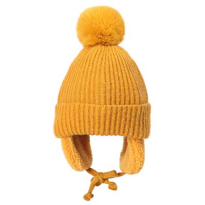 Ayuduots 2-8Y Baby Pompom Hat with Earflap, Winter Wool Plush Knitted Cap for Children, Thick Warm Accessories Yellow