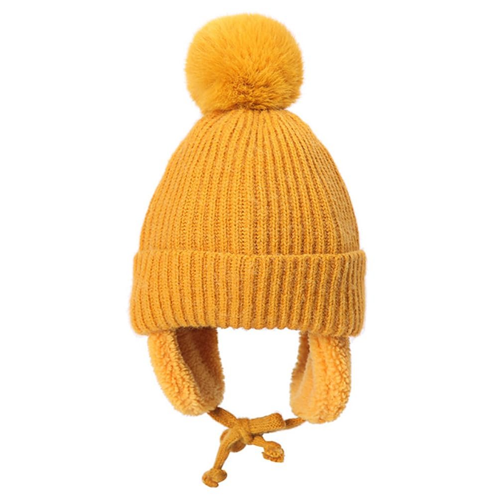Ayuduots 2-8Y Baby Pompom Hat with Earflap, Winter Wool Plush Knitted Cap for Children, Thick Warm Accessories Yellow