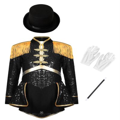 Moggemol Kids Halloween Circus Ringmaster Outfits Girls Jumpsuit for Marching Band Magician Showman Clothes Set Black 6