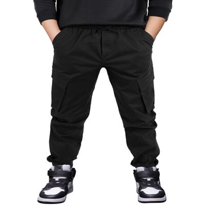 CAMLAKEE Boys Stretch Cargo Pants Kids Drawstring Elastic Waist School Youth Twill Joggers Pants Black 10-11 Years Size 150