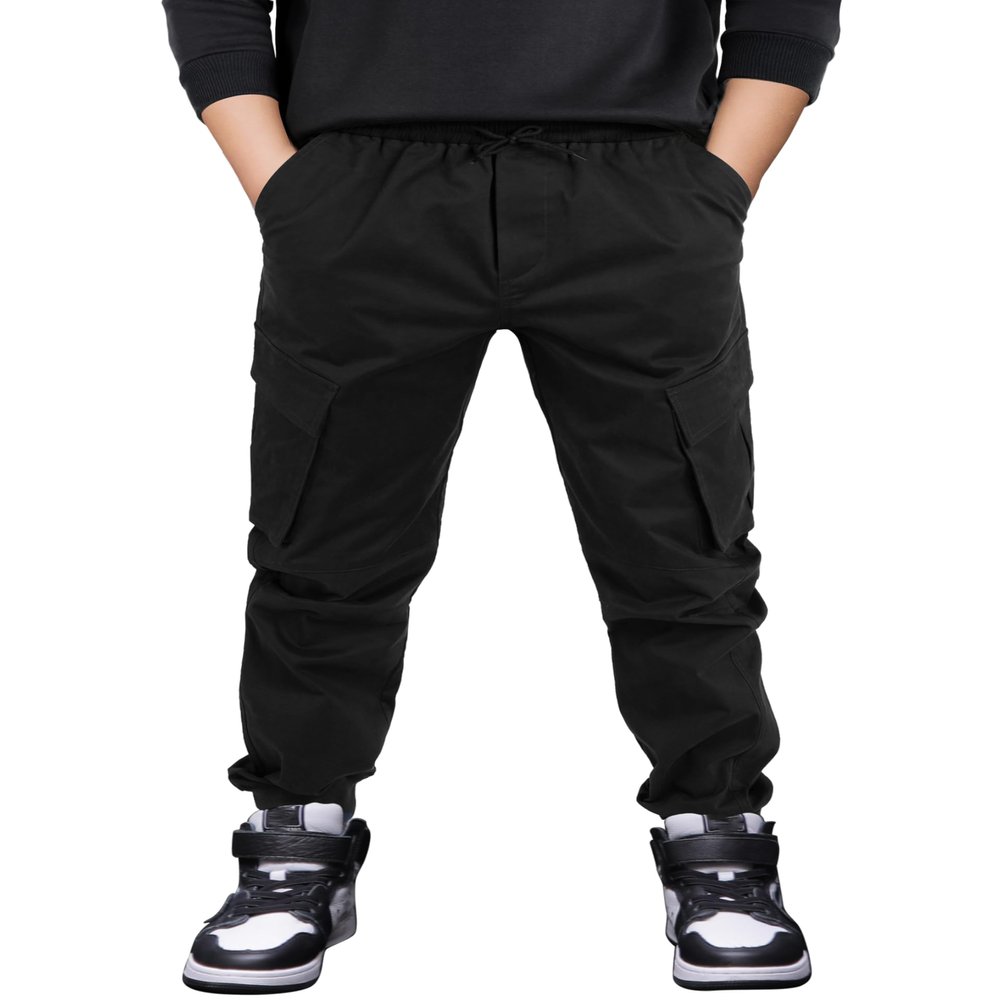 CAMLAKEE Boys Stretch Cargo Pants Kids Drawstring Elastic Waist School Youth Twill Joggers Pants Black 10-11 Years Size 150