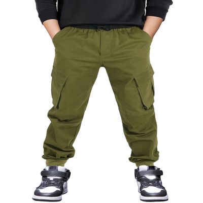 CAMLAKEE Boys Stretch Cargo Pants Kids Drawstring Elastic Waist School Youth Twill Joggers Pants Army Green 12-13 Years Size 160