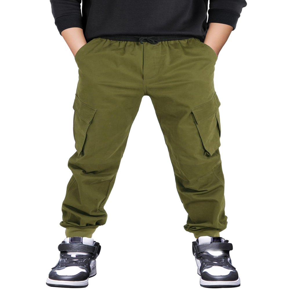 CAMLAKEE Boys Stretch Cargo Pants Kids Drawstring Elastic Waist School Youth Twill Joggers Pants Army Green 12-13 Years Size 160
