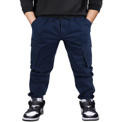 CAMLAKEE Boys Stretch Cargo Pants Kids Drawstring Elastic Waist School Youth Twill Joggers Pants Navy Blue 13-14 Years Size 170