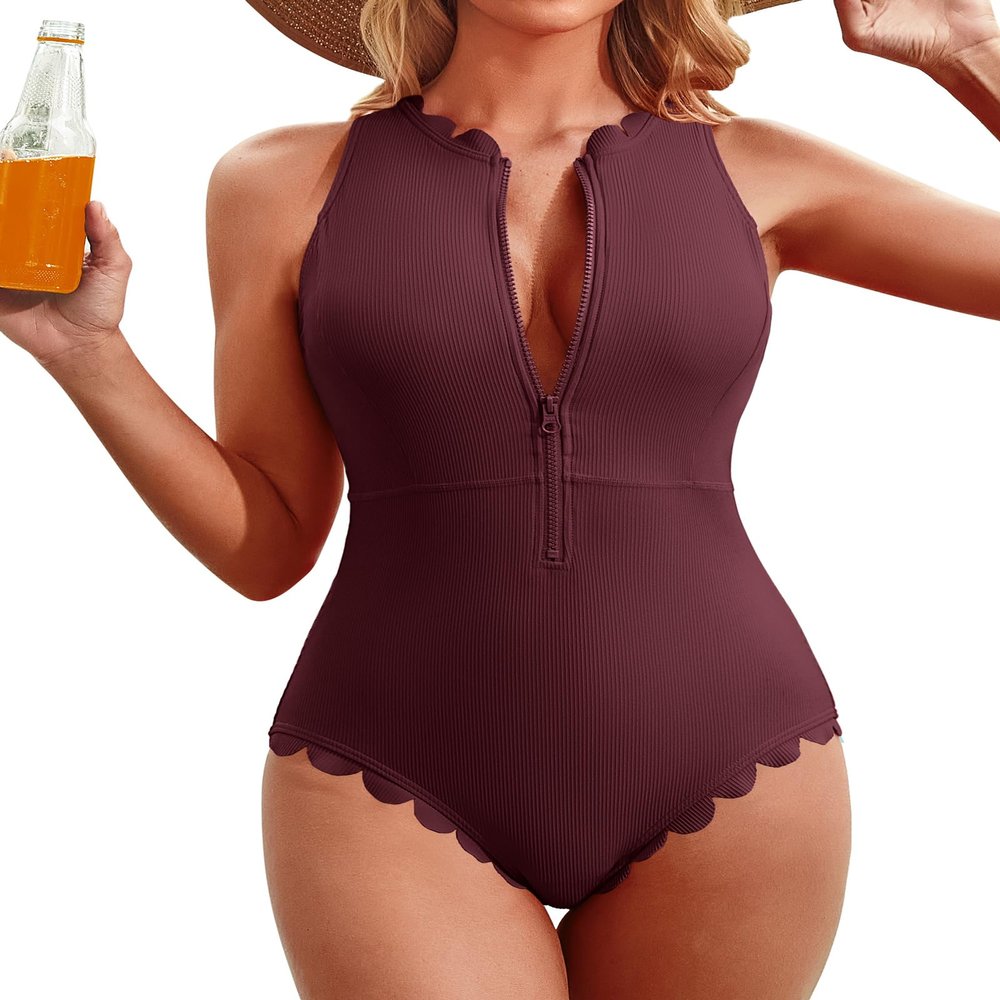 Charmo Women Athletic One Piece Swimsuit Rash Guard Zipper Racerback Scalloped Ribbed Modest Bathing Suit Wine Red XL