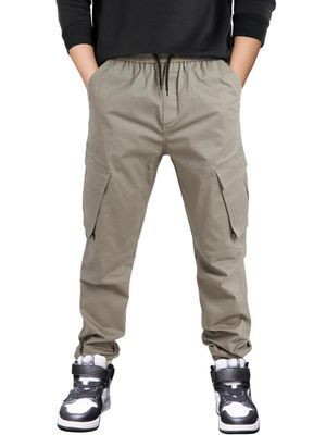 CAMLAKEE Boys Stretch Cargo Pants Kids Drawstring Elastic Waist School Youth Twill Joggers Pants Khaki Grey 13-14 Years Size 170
