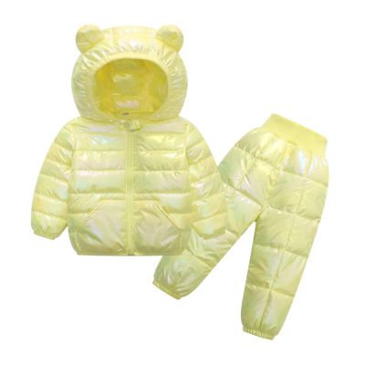 2-Piece Kids Boys Girls Snowsuit Metallic Hooded Puffer Jacket Lightweight Packable Quilted Down (Yellow, 7-8 Years)