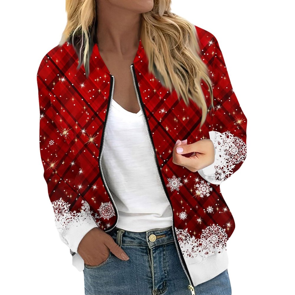 JWNYJFB Christmas Jacket for Women Funny Santa Graphic Xmas Holiday Outfits 2024 Casual Lightweight Zipper Long Sleeve Winter Fashion Quilted Cardigan Coat 01Watermelon Red, X-Large