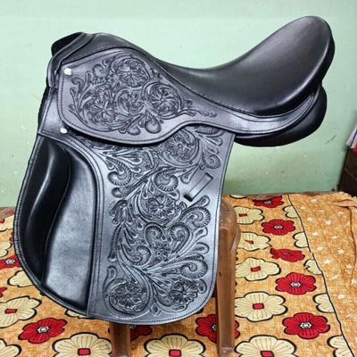 Black English Dressage Style Combination Genuine Real Leather Full Cow Indium Softie English Saddle Horses with Free Complete Bridle and Stirrups Leathers (14'')