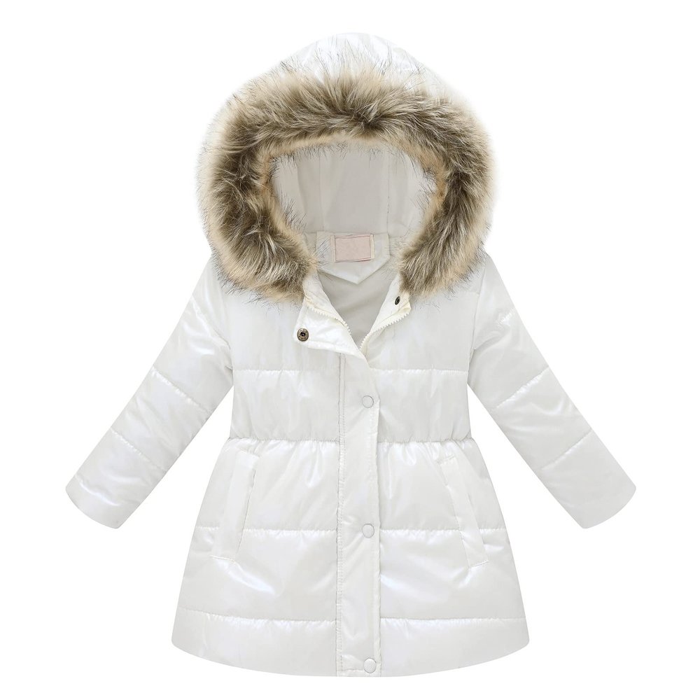 Girls' Winter Coat Waterproof Long Parka Warm Hooded Puffer Jacket with Faux Fur Kids Sherpa Lined (White, 2-3 Years)