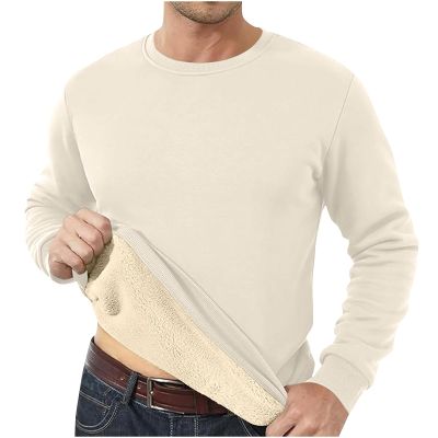 Again Ordre My Past Ordre Sherpa Lined Sweatshirt Men Crewneck Long Sleeve Sweatshirts for Men Lightweight Fleece Thermal Underwear Winter Warm Thick Pullover Basic Tops Beige