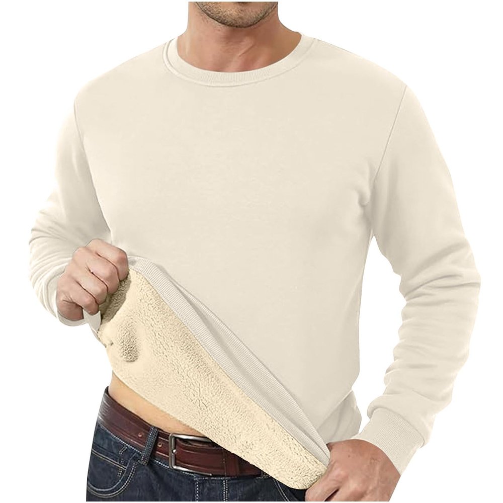 Again Ordre My Past Ordre Sherpa Lined Sweatshirt Men Crewneck Long Sleeve Sweatshirts for Men Lightweight Fleece Thermal Underwear Winter Warm Thick Pullover Basic Tops Beige