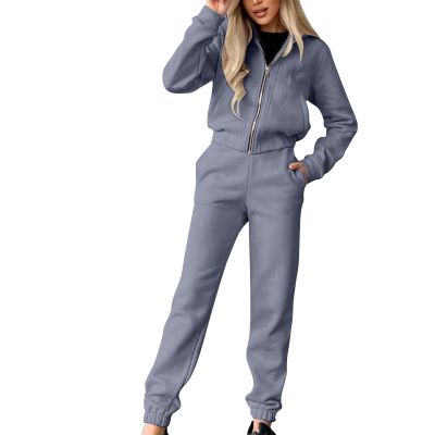 2 Piece Sweatsuits for Women Cropped Zip Up Hooded Sweatshirt Jogger Sweatpants Tracksuit Lounge Matching Set Outfits Gray