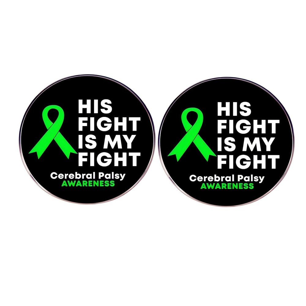 2 Cerebral Palsy Awareness Green Ribbon Round Button Pins, Inspirational Motivational English Phrase HIS FICHT IS MY FIGHT Enamel Pins, Cerebral Palsy Awareness Awareness Alloy Pins