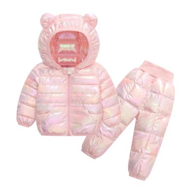 2 Piece Kids Snowsuit Ski Suit Boys Girls Metallic Hooded Puffer Jacket Lightweight Packable Quilted (Pink, 3-4 Years)