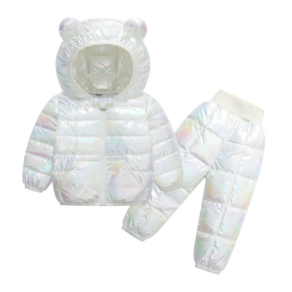 2 Piece Kids Snowsuit Ski Suit Boys Girls Metallic Hooded Puffer Jacket Lightweight Packable Quilted (White, 5-6 Years)