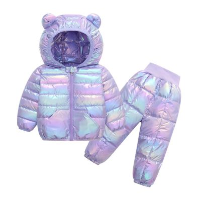 2 Piece Kids Snowsuit Ski Suit Boys Girls Metallic Hooded Puffer Jacket Lightweight Packable Quilted (Purple, 5-6 Years)