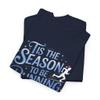 Tis The Season to Be Running T-Shirt Holiday Runner Ugly Sweater Runs Turkey Trots Graphic Tee for Men Women Athletes Navy view 2
