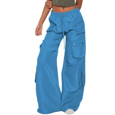 Womens High Waisted Wide Leg Cargo Pants Baggy Fashion Teen Girls Y2k Clothes Streetwear Jogger Pants Hiking Trousers Blue