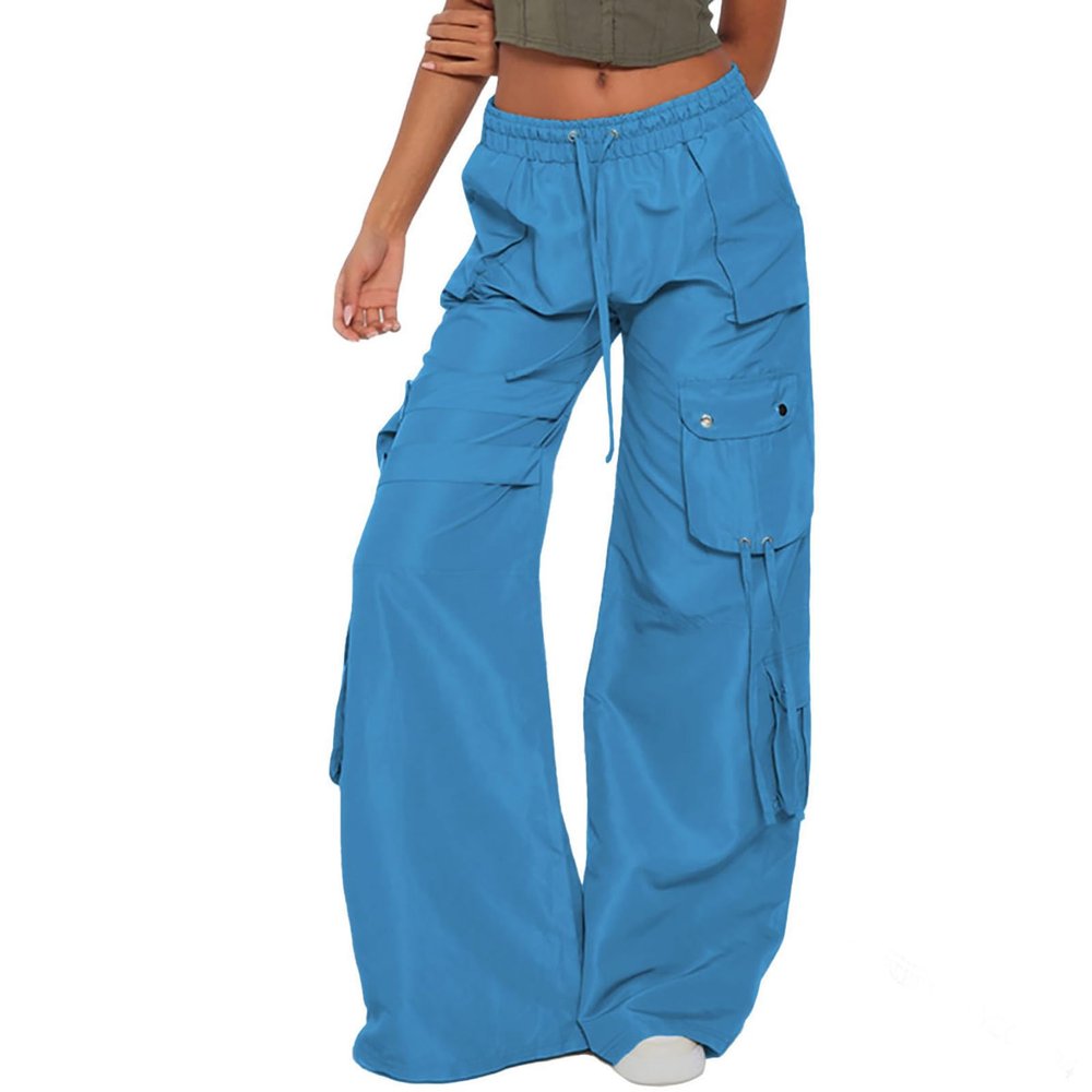Womens High Waisted Wide Leg Cargo Pants Baggy Fashion Teen Girls Y2k Clothes Streetwear Jogger Pants Hiking Trousers Blue