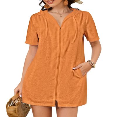 Bsubseach Terry Cloth Cover Up - Women 2026 Zipper Swimsuit Coverup Hooded Swim Robes Beach Coverups with Pockets Orange XL