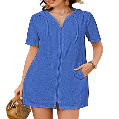 Bsubseach Terry Cloth Cover Up - Women 2026 Zipper Swimsuit Coverup Hooded Swim Robes Beach Coverups with Pockets Blue XL