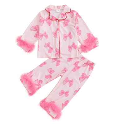 DuAnyozu Toddler Girl Valentines Outfit Satin Pajamas Feather Trim Sleeve Top Pants Kids Little Girls 2Pcs Pjs Sleepwear (Pink, 3-4 Years)