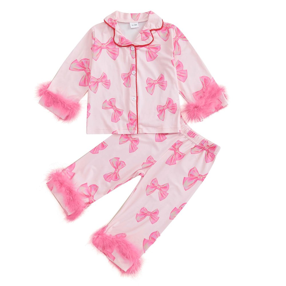 DuAnyozu Toddler Girl Valentines Outfit Satin Pajamas Feather Trim Sleeve Top Pants Kids Little Girls 2Pcs Pjs Sleepwear (Pink, 3-4 Years)
