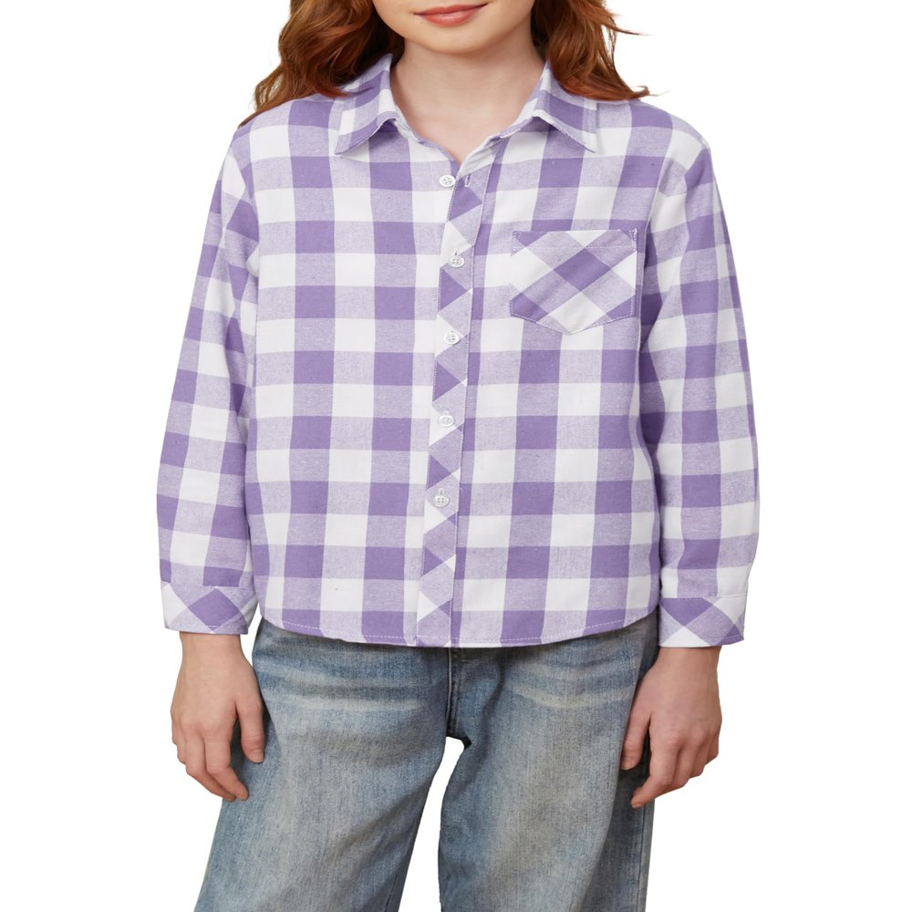 Betusline Girls' Plaid Flannel Shirt, Kids Long Sleeve Button Button Shirts Tops, F Purple & White #12-3 Years= Tag 100