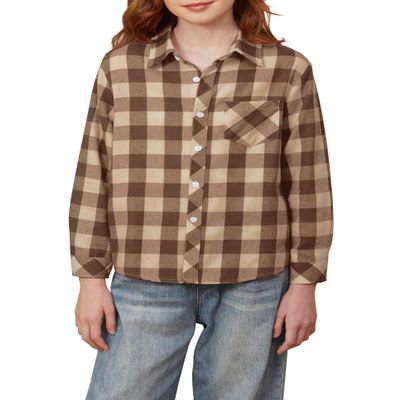 Betusline Girls' Plaid Flannel Shirt, Kids Long Sleeve Button Button Shirts Tops, F Khaki & Brown #17-8 Years= Tag 140