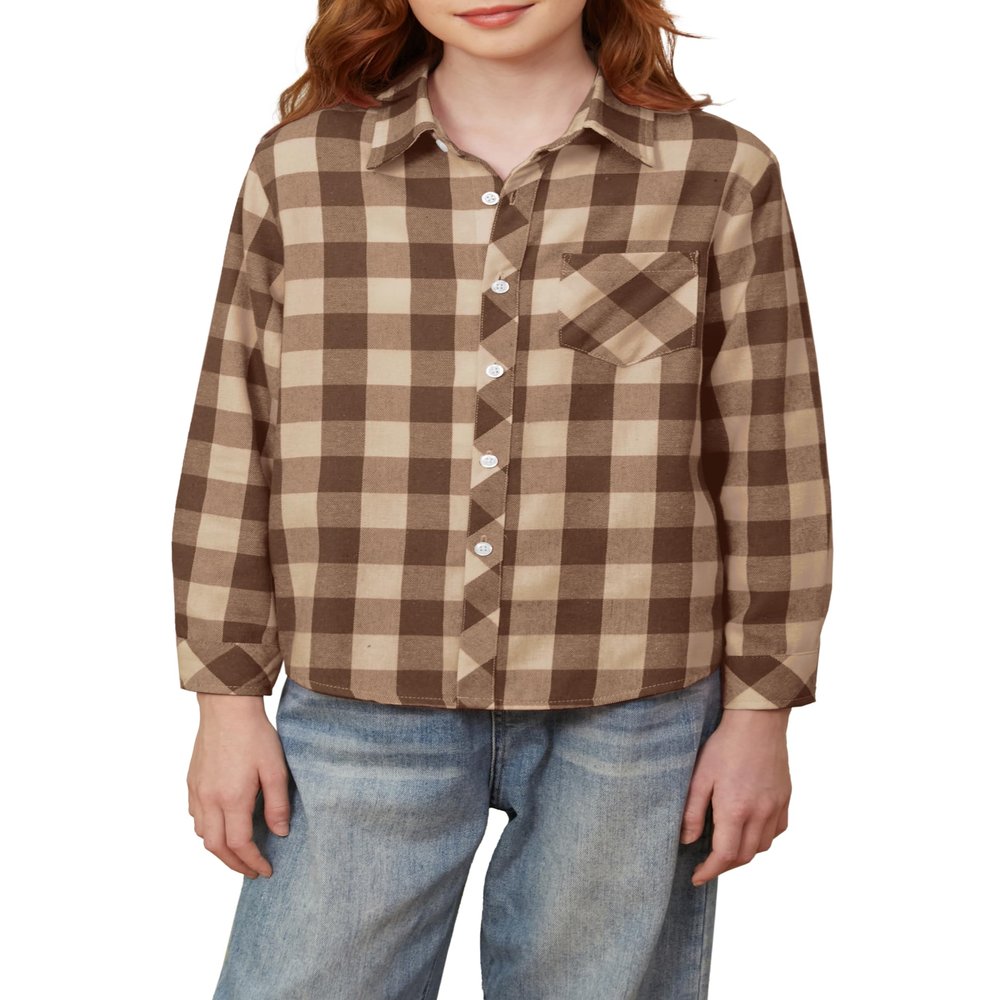 Betusline Girls' Plaid Flannel Shirt, Kids Long Sleeve Button Button Shirts Tops, F Khaki & Brown #17-8 Years= Tag 140