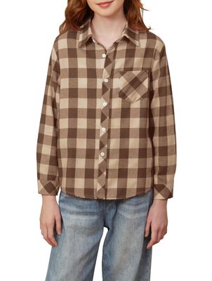 Betusline Girls' Plaid Flannel Shirt, Kids Long Sleeve Button Button Shirts Tops, F Khaki & Brown #110-11 Years= Tag 170