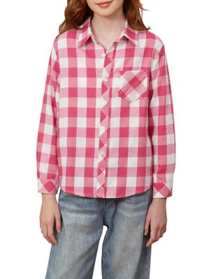 Betusline Girls' Plaid Flannel Shirt, Kids Long Sleeve Button Button Shirts Tops, F Pink & White #111-12 Years= Tag 180