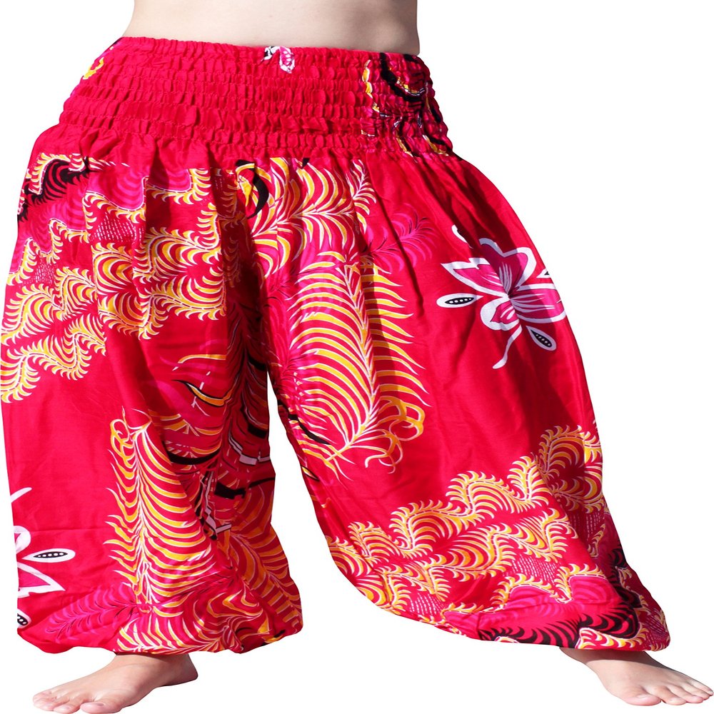Full Funk Rayon Smock Waist Harem Baggy Pants Pocket Straight Yoga Clothes Women Mixed Bright Patterns, Small-Medium, Flower C - Folly Red