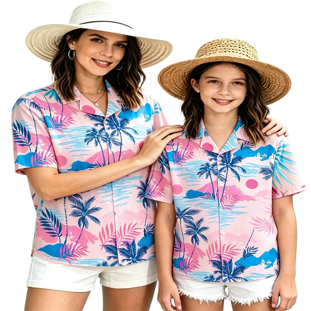SANGTREE Girls & Women's Hawaiian Shirts Button Down Short Sleeve Floral Tropical Shirt Beach Vacation Blouse Tops, Neon Purple, 12-13 Years= Tag 170