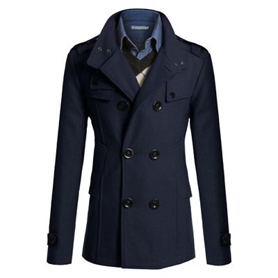 Qolkmuiy-GJ Men's Stand Collar Wool Blend Jacket 2 Breasted Short Wool Jackets Trendy Casual Winter Pea Coat (Blue,Large)