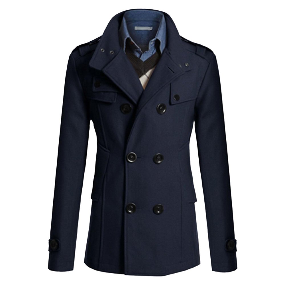 Qolkmuiy-GJ Men's Stand Collar Wool Blend Jacket 2 Breasted Short Wool Jackets Trendy Casual Winter Pea Coat (Blue,Large)