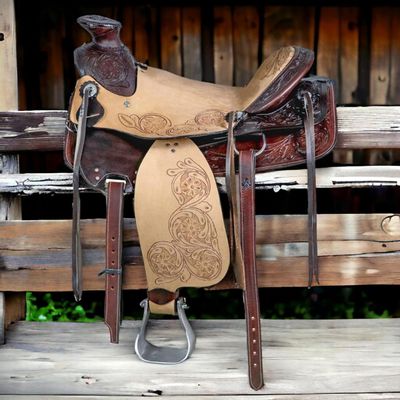 Big Horn Western Carved Genuine Natutal Real Leather Hand Made Saddle Balck Suede Seat Real in Leather 16" with Free Headstall and Breast Collar (14'')