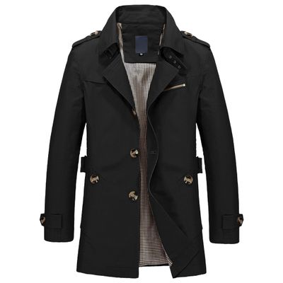 Qolkmuiy-GJ Men's Slim Notched Collar Cotton Jacket Casual Single-Breasted Windbreaker Parka Notch Lapel Business Overcoat (Black,XX-Large)