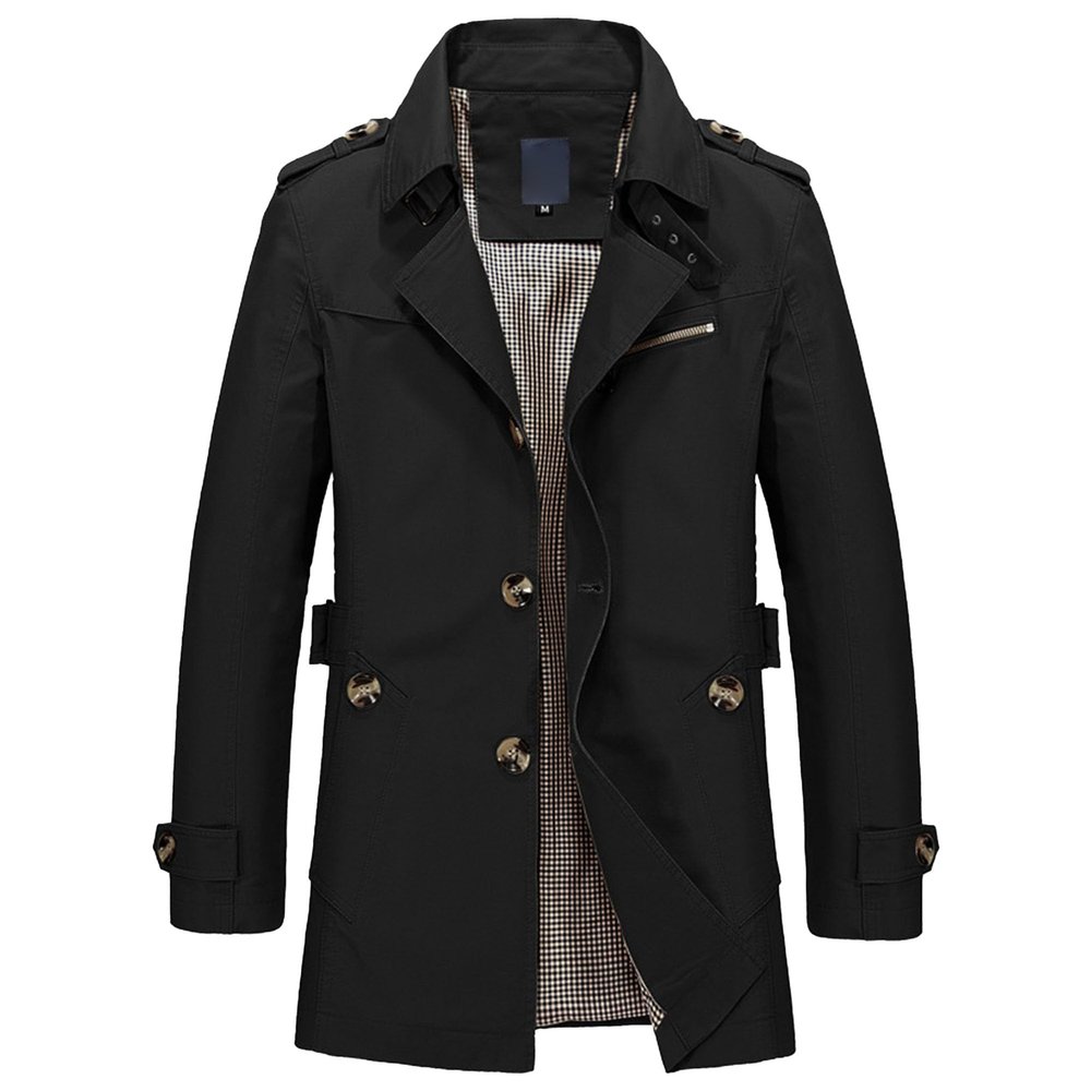 Qolkmuiy-GJ Men's Slim Notched Collar Cotton Jacket Casual Single-Breasted Windbreaker Parka Notch Lapel Business Overcoat (Black,XX-Large)