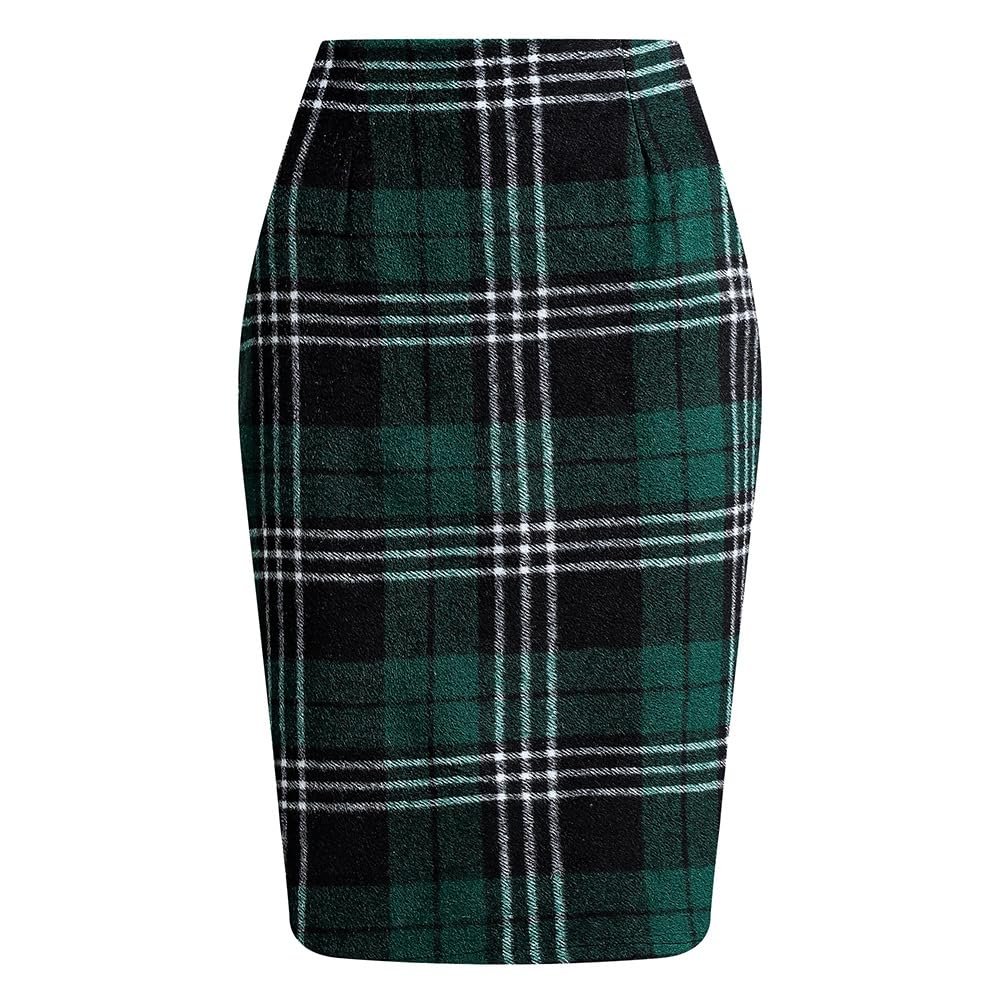 RanRui Women's Plaid Mini Skirt Pencil Skirt Plaid Skirt Autumn and Winter high Waist Tight Knee Length Wool mid-Length Skirt High Waisted Bodycon Pencil Skirt, (Dark green1,XL)