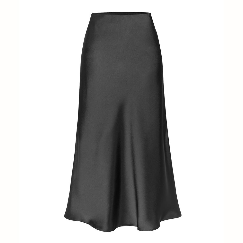 RanRui Women's Satin High Waisted Maxi Skirt Satin Dress high Waist Drawstring Strap Solid Color Skirt Elegant A-Line Long Skirt, Formal Evening Dress (6647 Black,L)