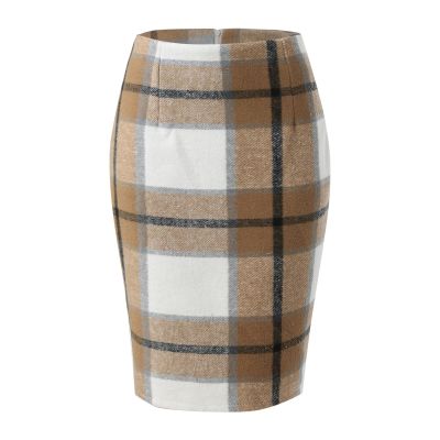 RanRui Women's Plaid Mini Skirt Pencil Skirt Plaid Skirt Autumn and Winter high Waist Tight Knee Length Wool mid-Length Skirt High Waisted Bodycon Pencil Skirt, (Shallow Khaki,S)