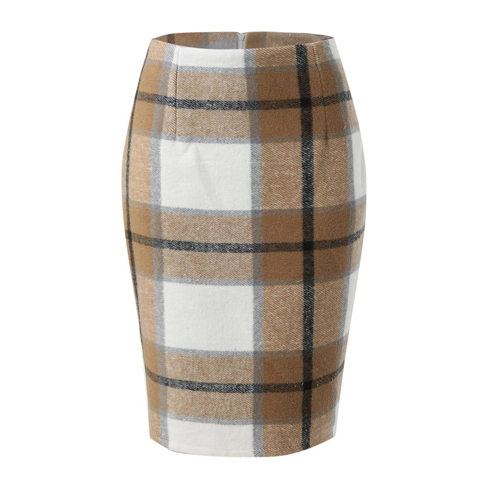 RanRui Women's Plaid Mini Skirt Pencil Skirt Plaid Skirt Autumn and Winter high Waist Tight Knee Length Wool mid-Length Skirt High Waisted Bodycon Pencil Skirt, (Shallow Khaki,S)