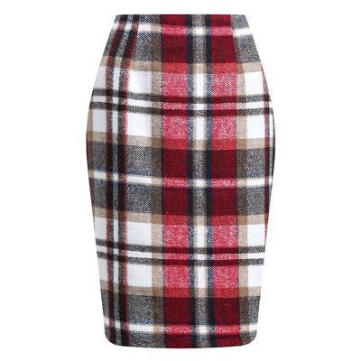 RanRui Women's Plaid Mini Skirt Pencil Skirt Plaid Skirt Autumn and Winter high Waist Tight Knee Length Wool mid-Length Skirt High Waisted Bodycon Pencil Skirt, (Burgundy,XL)
