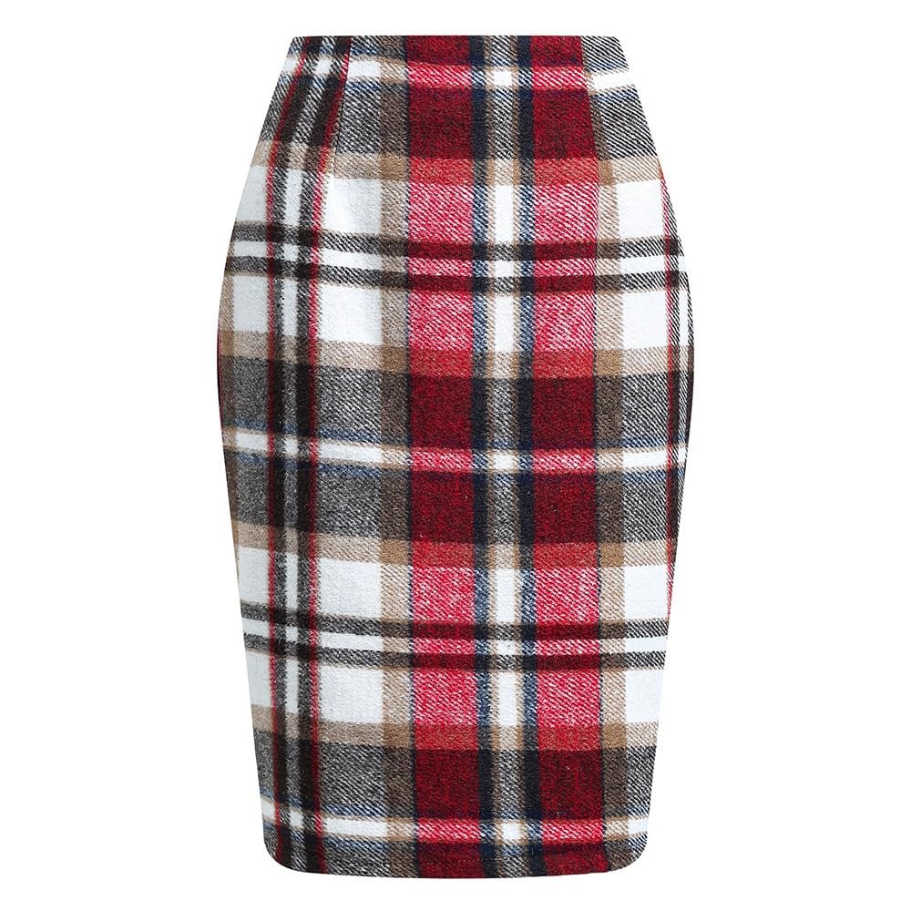 RanRui Women's Plaid Mini Skirt Pencil Skirt Plaid Skirt Autumn and Winter high Waist Tight Knee Length Wool mid-Length Skirt High Waisted Bodycon Pencil Skirt, (Burgundy,XL)