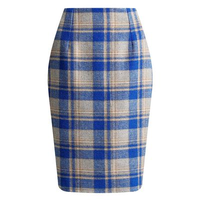 RanRui Women's Plaid Mini Skirt Pencil Skirt Plaid Skirt Autumn and Winter high Waist Tight Knee Length Wool mid-Length Skirt High Waisted Bodycon Pencil Skirt, (Color Blue,XXL)
