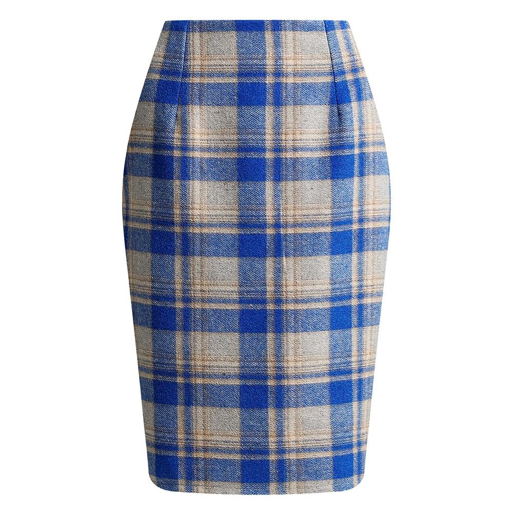 RanRui Women's Plaid Mini Skirt Pencil Skirt Plaid Skirt Autumn and Winter high Waist Tight Knee Length Wool mid-Length Skirt High Waisted Bodycon Pencil Skirt, (Color Blue,XXL)