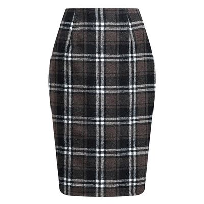 RanRui Women's Plaid Mini Skirt Pencil Skirt Plaid Skirt Autumn and Winter high Waist Tight Knee Length Wool mid-Length Skirt High Waisted Bodycon Pencil Skirt, (Dark Coffee Grid,XXL)